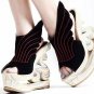 special design angel wings-like leather with unique style bottom colorful woody sole high heel shoes