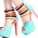 fashion sexy blue patent leather with stripped colorful leather ankle ties&pink heel shoes