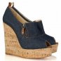 newest popular blue jeans with woody bottom high wedges