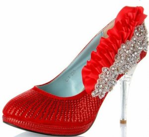fashion red Platform women thick high heel wedding shoes with flowers
