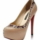 attractive brown patent leather with shiny little flower and red sole high heel shoes