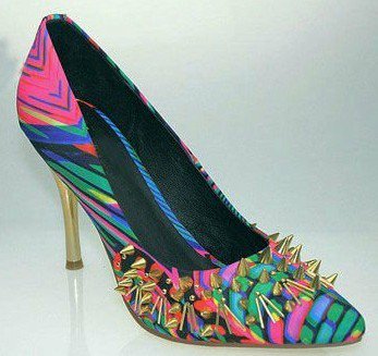 colorful striped spike leather dress shoes/golden metal heel pumps