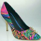 colorful striped spike leather dress shoes/golden metal heel pumps