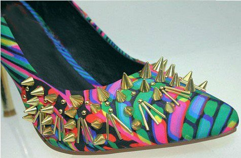 colorful striped spike leather dress shoes/golden metal heel pumps