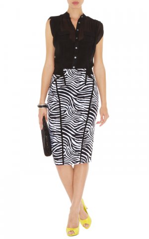 special top design black clothes &black with white wavy  knee height sleeveless bandage dress