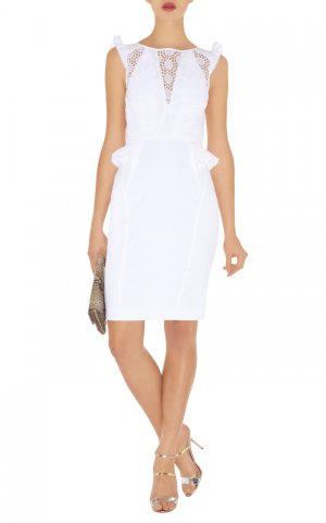 elegant white lace cut-outs bandage dress/round collar and sleeveless dress