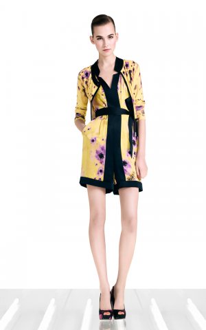 latest style beautiful yellow flower with long sleeve  casual dress