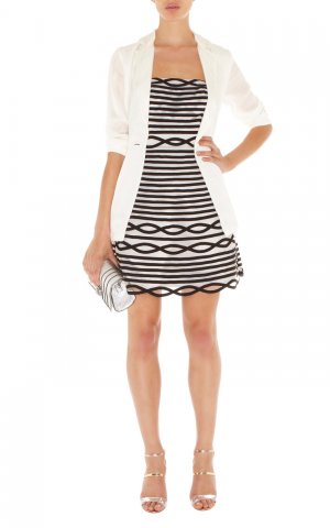 special white with black stripped and fish pattern evening bandage dress