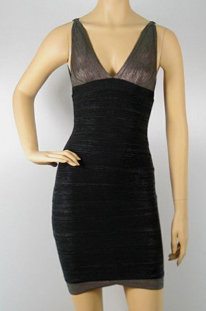 latest top design black with grey sexy v-neck thigh height bandage dress