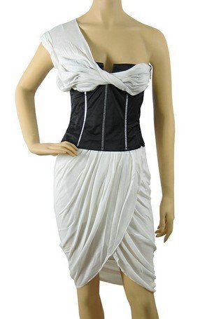 attractive pleated with one shoulder strap & black wrapped waist bandage dress