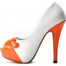 cute orange country girl with lovely button white high heel shoes