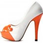cute orange country girl with lovely button white high heel shoes