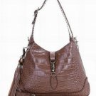 brown crocodile skin leather with palpus  embellished handbag