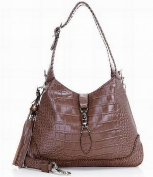 brown crocodile skin leather with palpus  embellished handbag