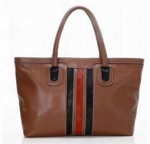 brown patent leather with black and red stripped canvas embellished handbag