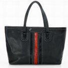 black patent leather with black bag and red stripped embellished handbag