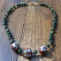 Item 119- 17" cloisonne, gold plate, olive quartz and tourmaline necklace.