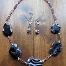 Item 130- 27" Faceted agate, Tibetan silver, quartz & glass necklace.  W/earring