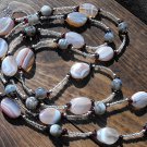 Item 73- 45" pink lace agate, glass, garnet and silverplate necklace.