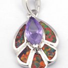 Orange Fire Opal & Amethyst necklace pendent new W chain silver plated 33