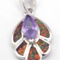 Orange Fire Opal & Amethyst necklace pendent new W chain silver plated 33