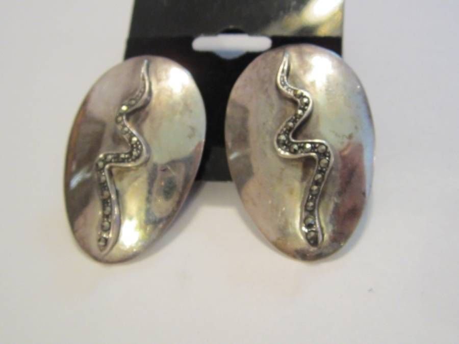 Snake sterling silver marcasite pierced earrings vintage 80&acirc;��s 9.25 dome pierce