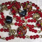 Vintage Red Art glass necklace vintage painted gold tone