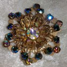 Vintage pin brooch flower star blue rhinestone filigree work 3-D affect