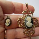 Two cameo necklaces black and brown vintage gold tone filigree