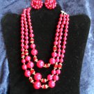 Vintage Fuchsia necklace earring set Japan gold tone red Crystals 3 strands