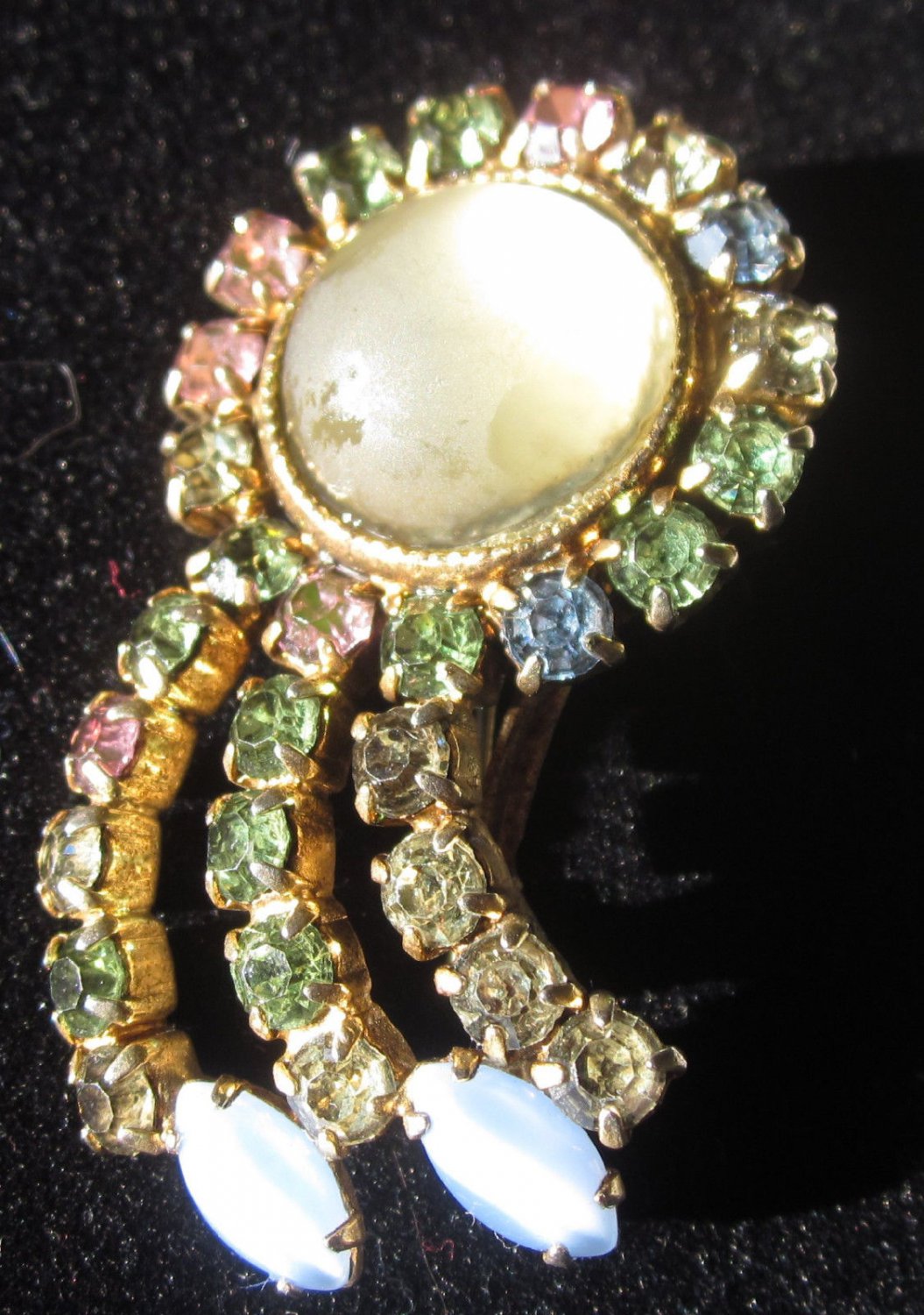 Vintage moon stone  multi color rhinestones beautiful pin brooch