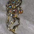 Gold tone Aurora Borealis rhinestone flower leafs abstract vintage pin brooch