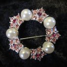 Vintage Pretty in pink rhinestone and faux pearl vintage pin brooch signed CW