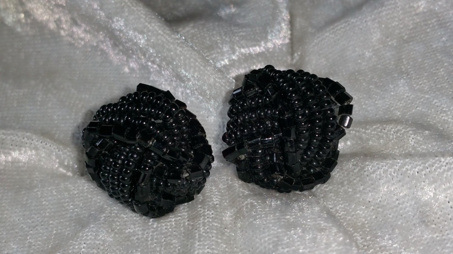 Screw back vintage earrings black glass beads woven button earrings