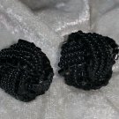 Screw back vintage earrings black glass beads woven button earrings