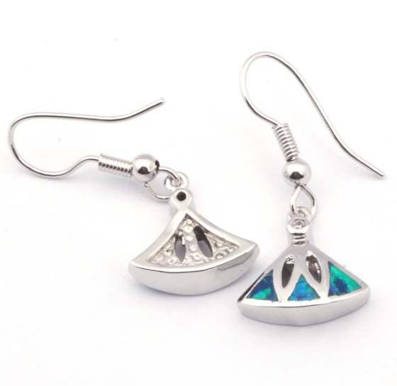 Blue opal Silver Plated earrings fan shapped inlay new dangle wire post