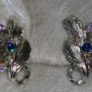 Vintage earrings clip on leafs deep blue Rhinestone Aurora borealis pinks