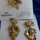 Lynn Ray Jewel Ray's pin necklace brooch earrings pierced brass Grape leaves