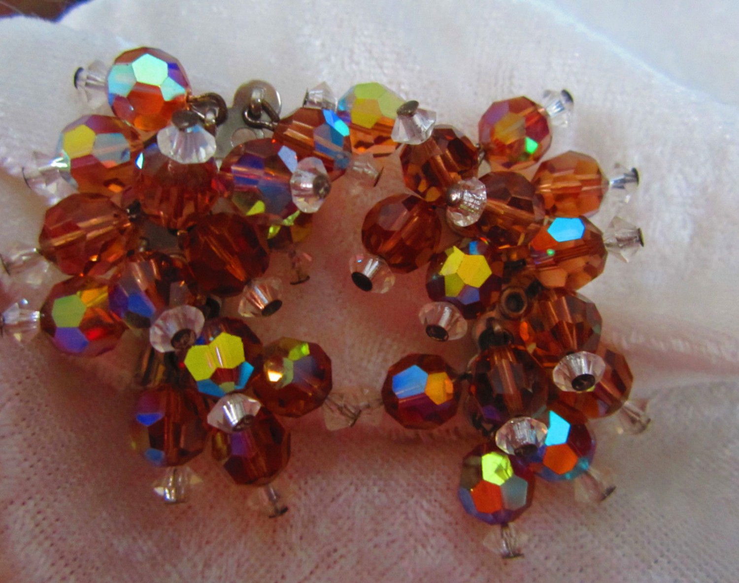 Vintage earrings cluster dangle AB root beer tan color hugs ears