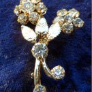 Vintage flower leaf gold tone petite flower brooch pin clear rhinestones cute
