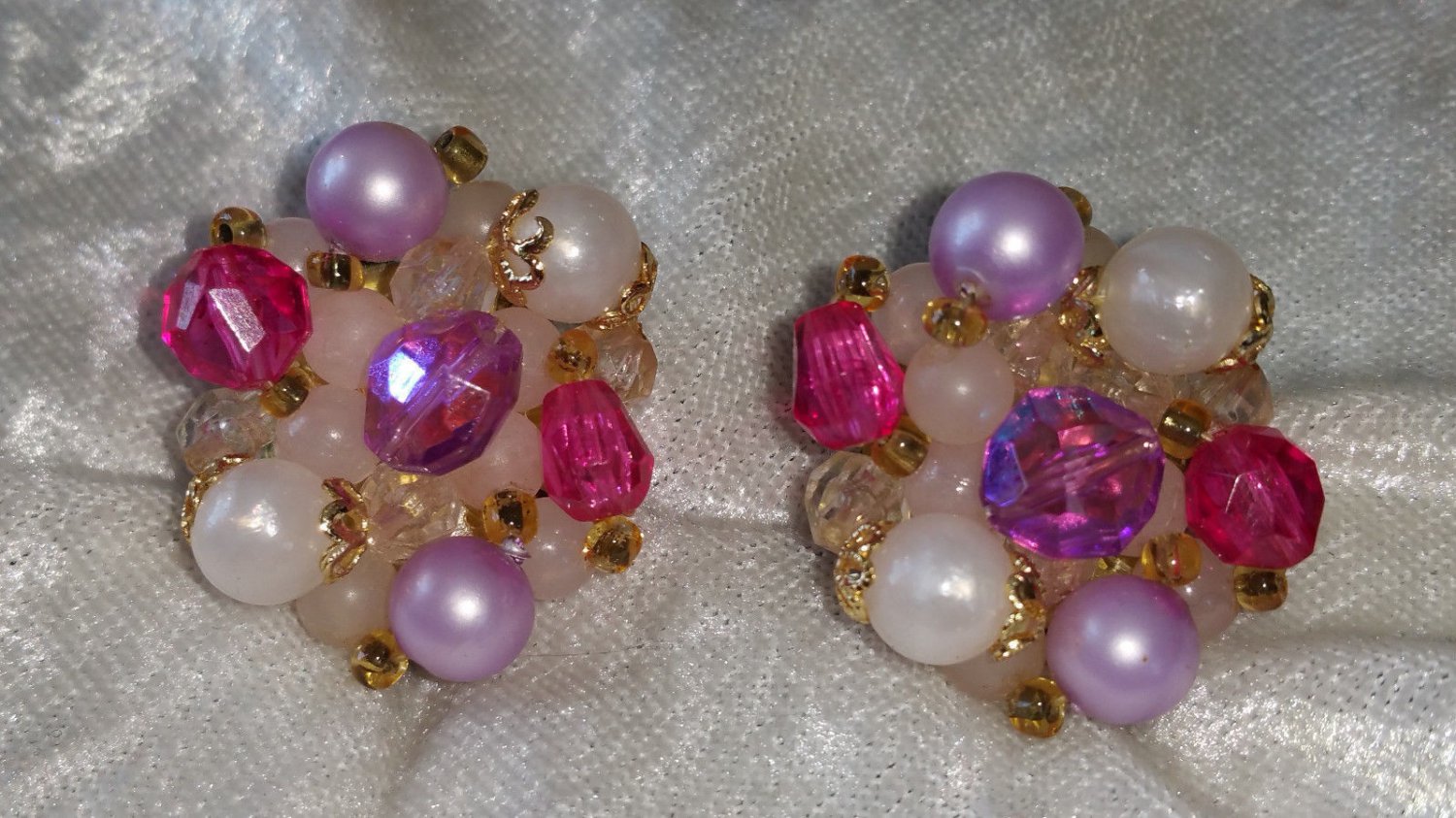 Signed Germany earrings clip on Pink Purple white stones different collectable