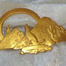 Signed JJ 1988 Southwestern coyote mountains gold tone cactus brooch pin vintage