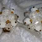 Vintage earrings cluster button gold tone milk glass and “ice” crystals