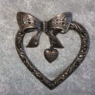Silver tone heart Bow filigree dangle heart flower vintage pin brooch