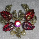 Vintage pin brooch red AB plastic leafs rhinestone faux pearl gold tone