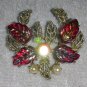 Vintage pin brooch red AB plastic leafs rhinestone faux pearl gold tone