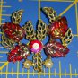 Vintage pin brooch red AB plastic leafs rhinestone faux pearl gold tone