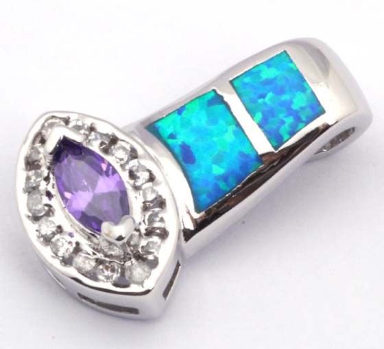 Blue Fire Opal & Amethyst necklace pendent new chain silver plated evil eye
