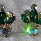 Green vintage rhinestone clip on earrings aurora borealis