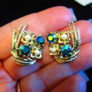 Vintage earrings Aurora Borealis blue stones faux pearls flower feather wings